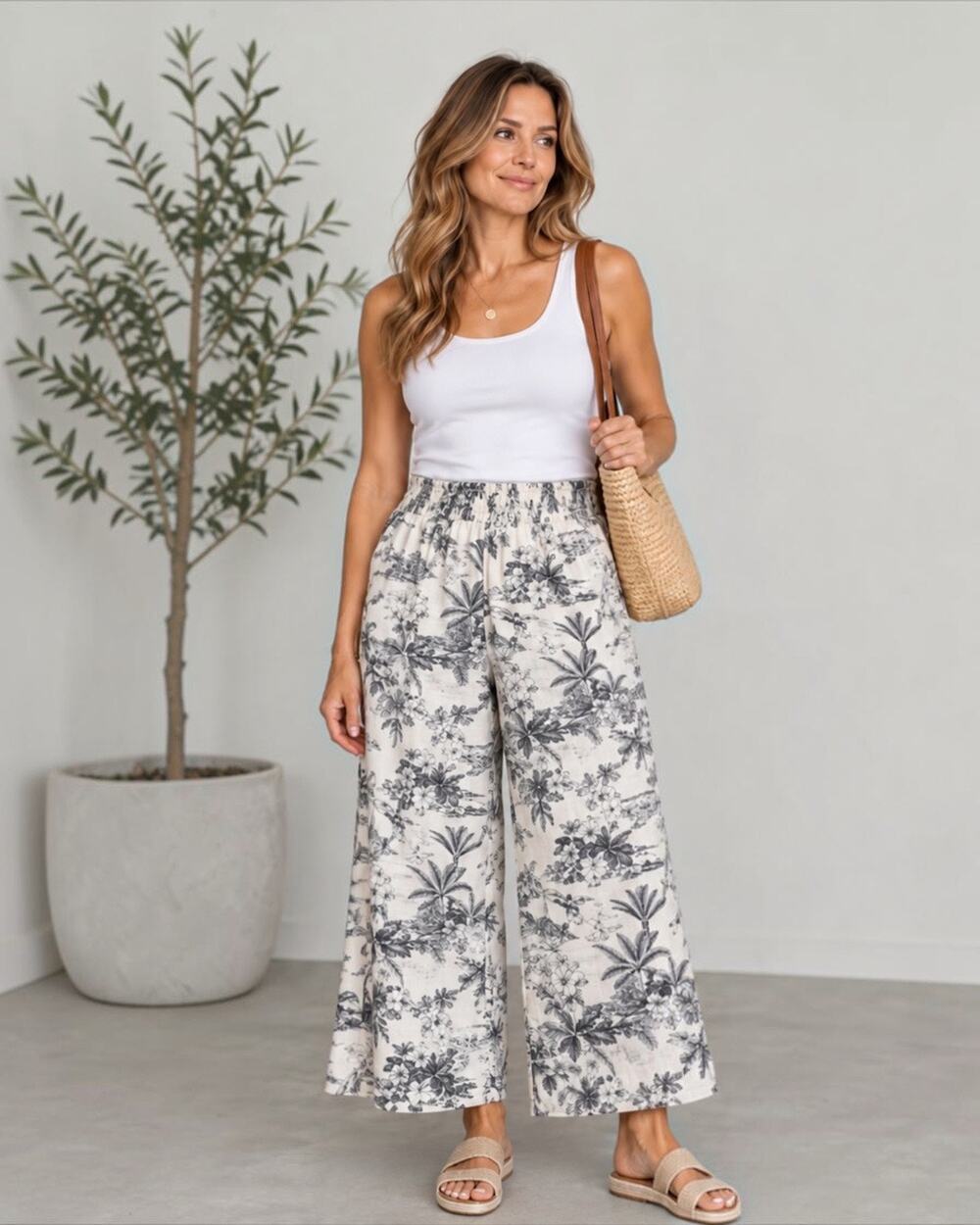 Tahari Linen Blend Tropical Toile Wide Leg Pants Resort Size Medium